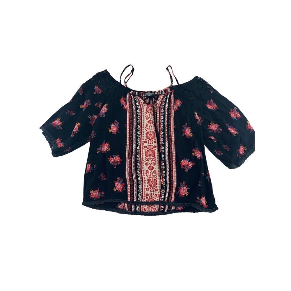 Angie Women's Bohemian Cold Shoulder Floral Blouse - Medium